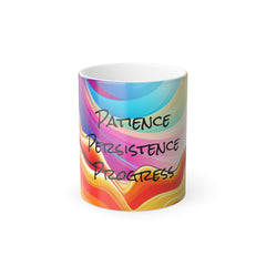 Color Morphing Mug, 11oz, Ceramic, Heat-reactive, Lead and BPA Free, Motivational Quote, "Patience, Persistence, Progress"